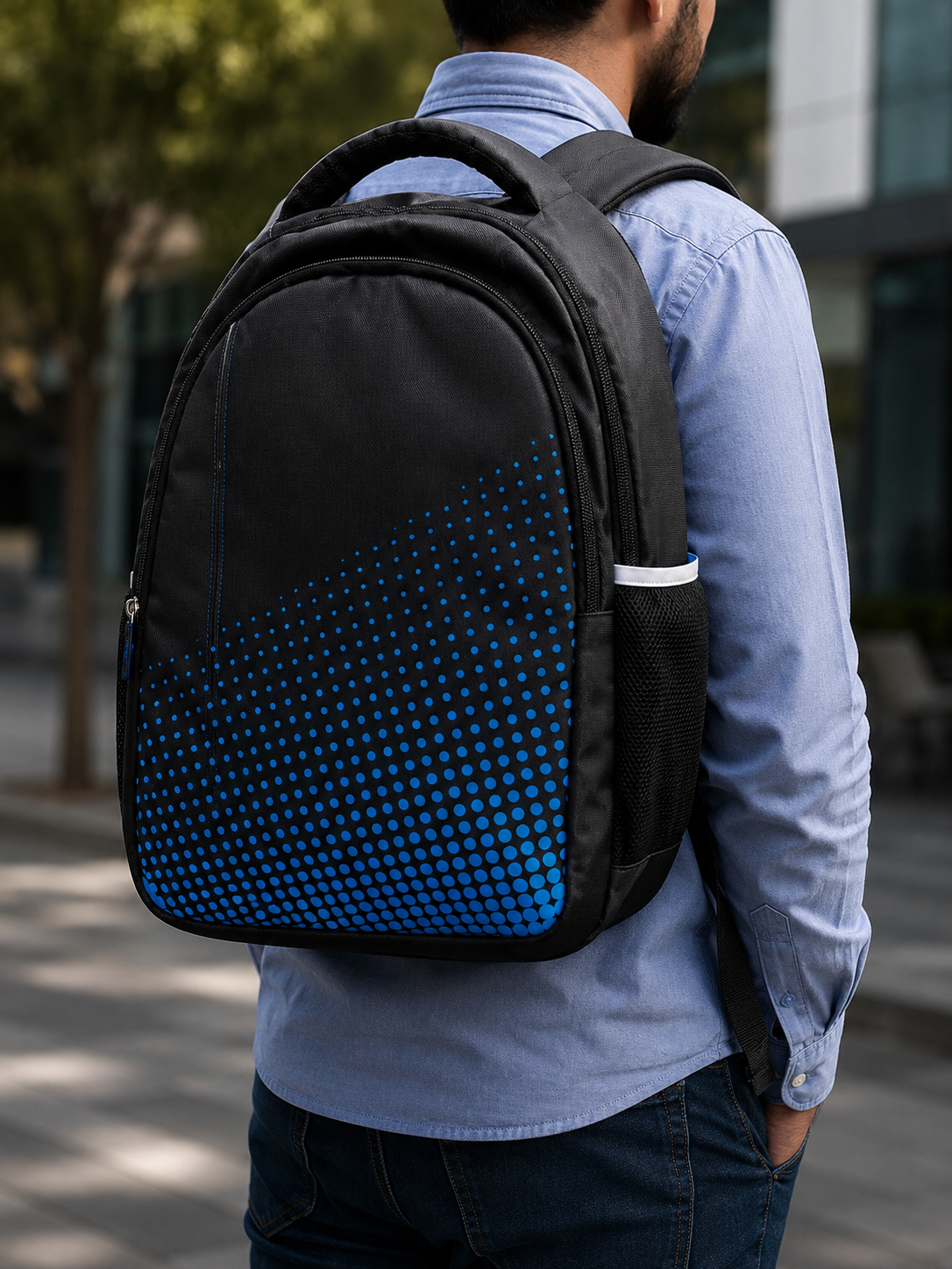 Stylish Black Bag with Blue Doted print