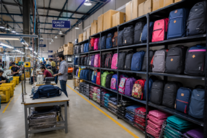 Wholesale bag manufacturer warehouse in India with bulk backpacks and school bags ready for dispatch