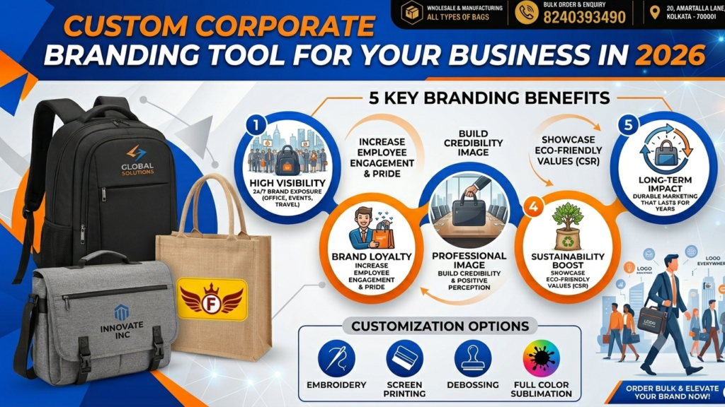 Custom corporate branded bags with company logo, backpacks, laptop bags and tote bags for bulk corporate orders in Kolkata by Fly Must Bag House.