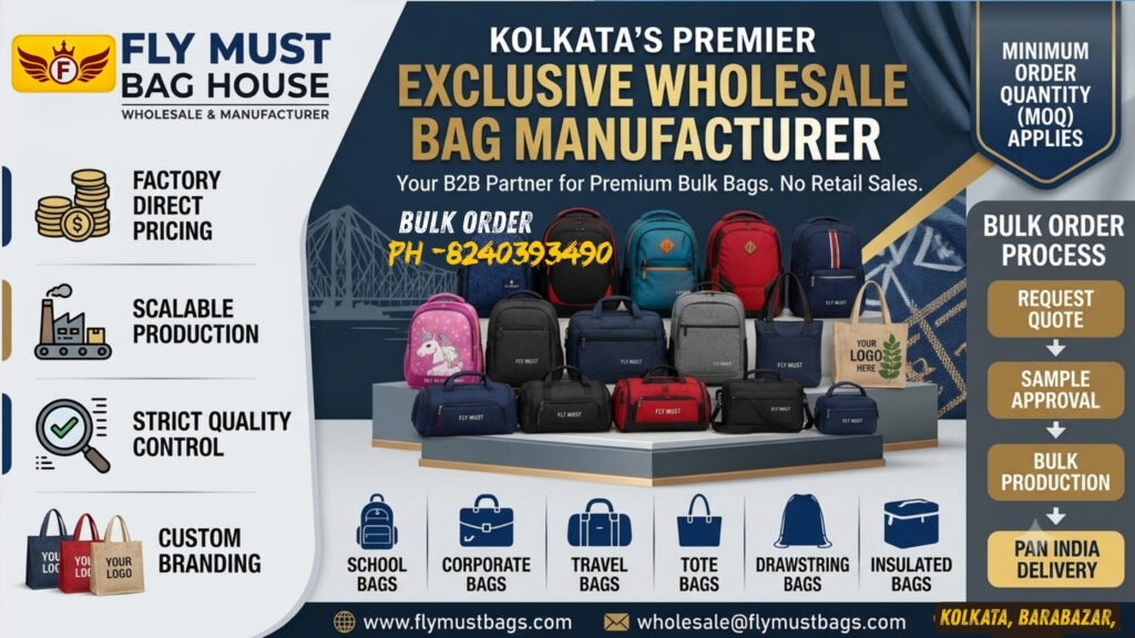 Bulk school, corporate, travel, and tote bags offered by wholesale bag manufacturer Fly Must Bag House Kolkata